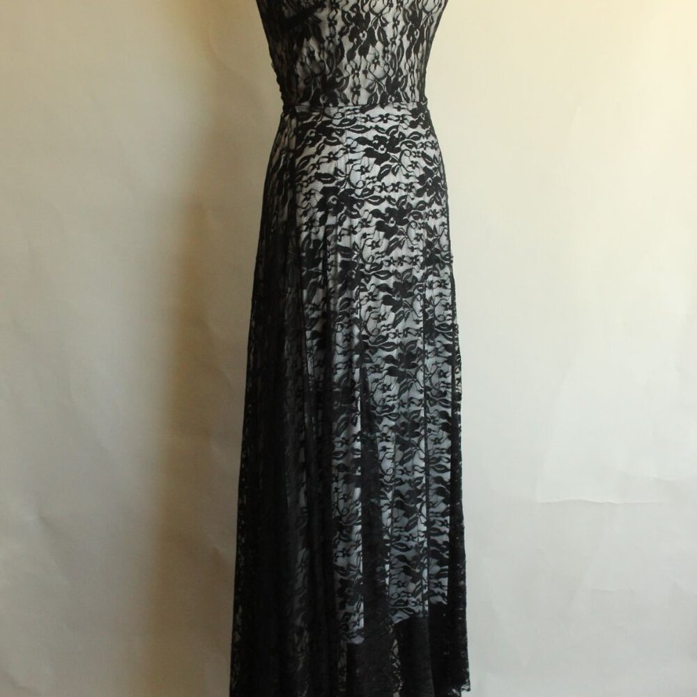 Black Lace Maxi Dress, Hi Lo Sleeveless Gown, Size Large - Picture 5 of 11